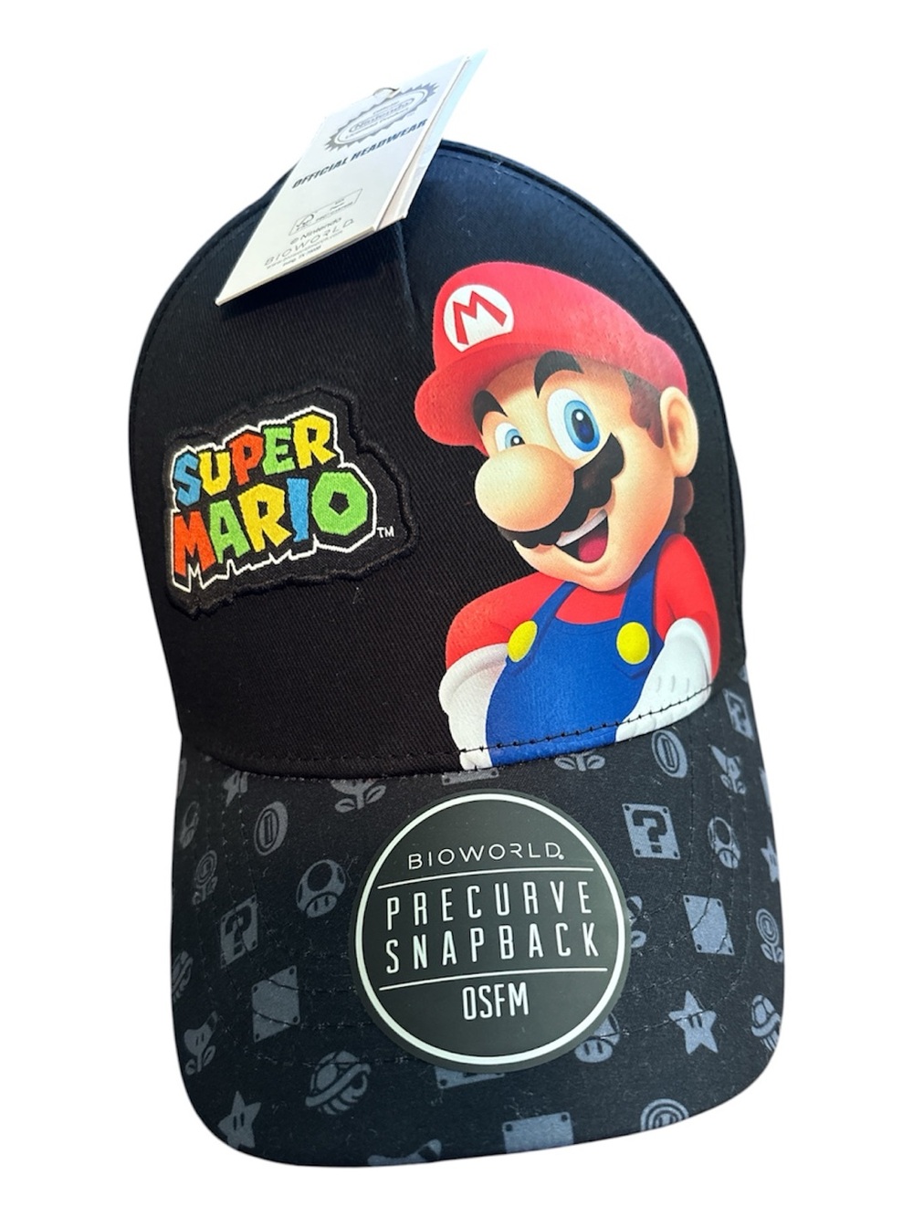 Bioworld Super Mario Black Snapback Hat with Red, Blue, Yellow Accents